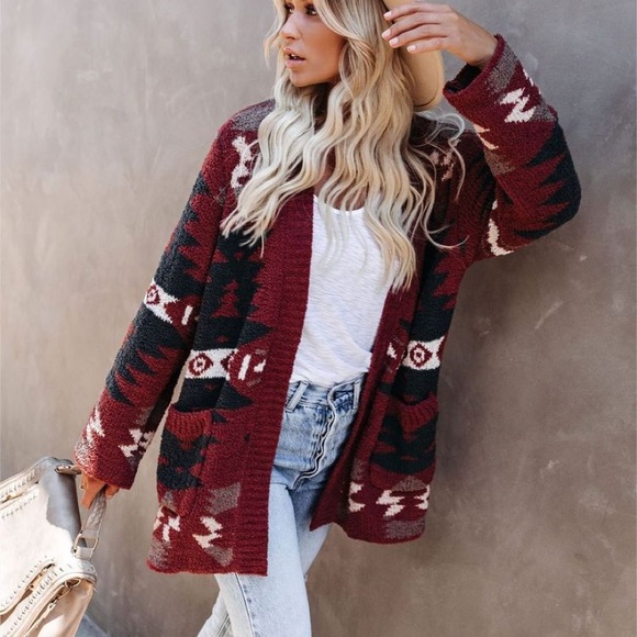 Oversized Last S SOFT New Cozy Aztec Southwest Bohemian Knitted Sweater Cardigan - Picture 11 of 17